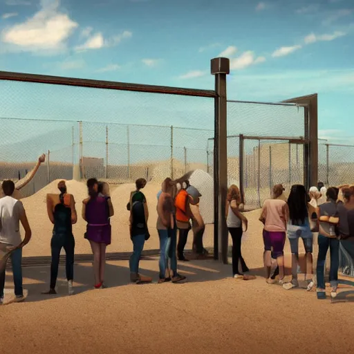 Image similar to large millennial crowd in front of a | modern! prison! locked down government security military gate | in the hot desert trending on artstation digital paint 4 k render