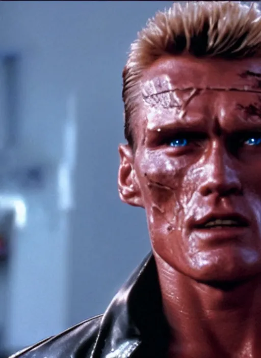 Prompt: film still of Dolph Lundgren as The Terminator in The Terminator, 4k