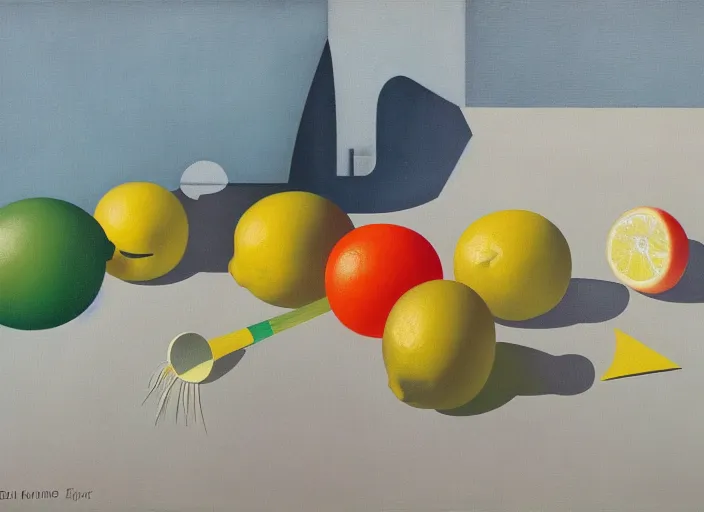 Image similar to abstract composition with lemons and umbrellas, oil on canvas, in the style of Rene Magritte,