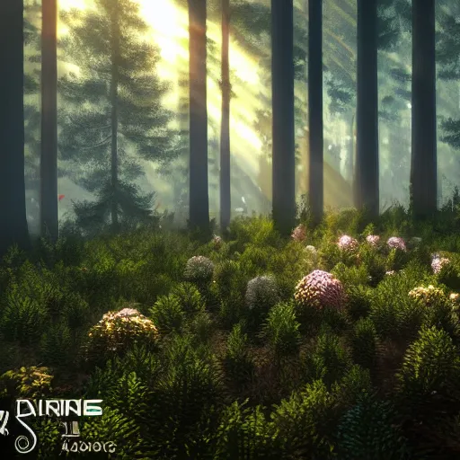 Prompt: a dense forest, brush and flowers on the forest floor, pine and spruce trees. Lighting, thick, painted, nvidia demo, point of view, dark, rays of light peeking through the leaves, symmetrical, detail.