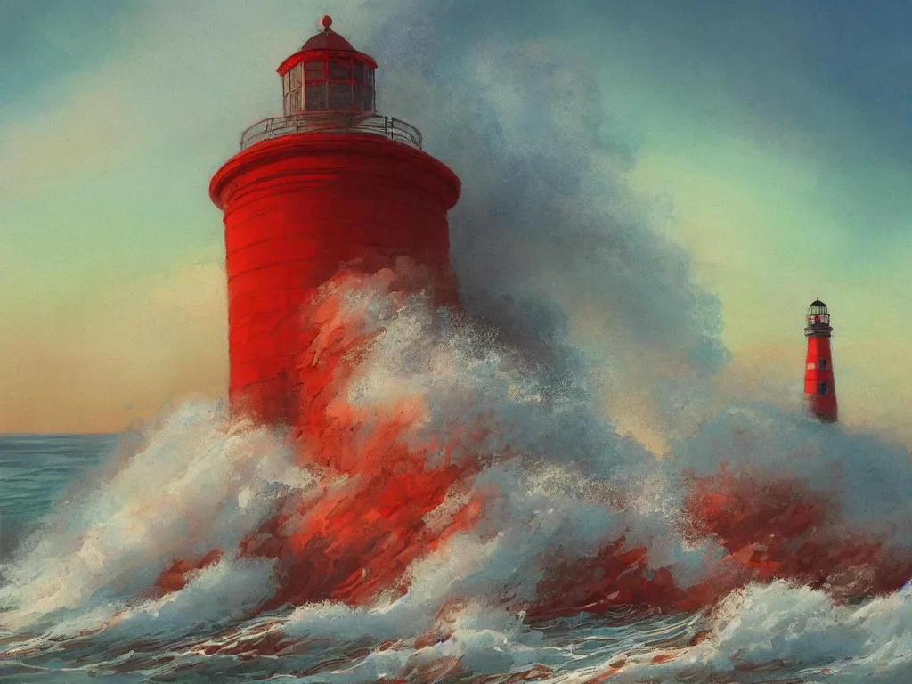 Prompt: a beautiful painting of waves crashing into red lighthouses, isometric, warwick goble, trending on artstation