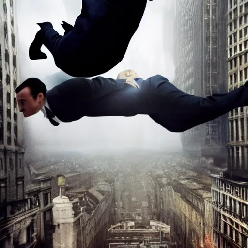 Prompt: People falling into the air from the movie Inception by Christopher Nolan, surreal, photograph, highly detailed, high evolution, legendary, smooth, sharp focus, dynamic lighting, 4k, by Rene Magritte