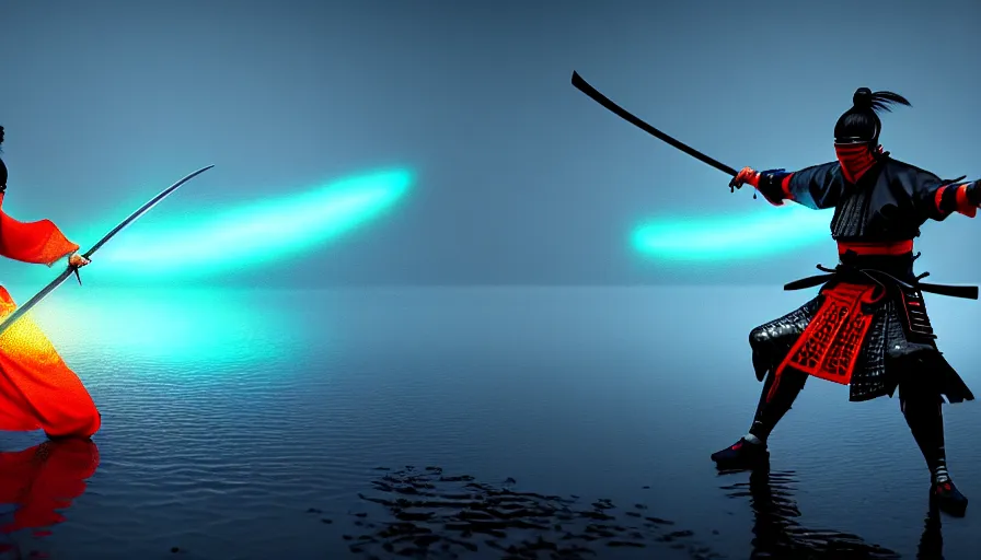 Image similar to Digital Art of A Samurai! Ninja! in Action, fighting and swords colliding, standing in a glowing lake while it rains, Concept Art, highly detailed, Artstation, 8k, Raytracing, Unreal Engine 5