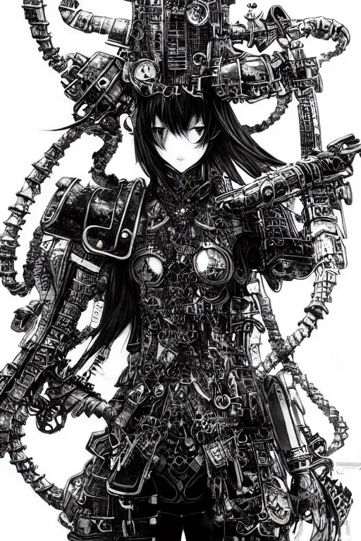 Image similar to a vertical portrait of a character in a city by yoshitaka amano and nihei tsutomu, black and white, dreamy, steampunk armor, highly detailed