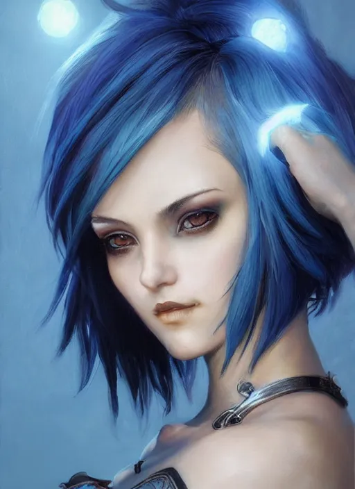 Image similar to girl with black and blue hair, pixie haircut, beautiful highly detailed face, complementary lighting, backlit, eyeshadow, grinning, adventure, alluring gaze, dramatic lighting, landscape background, beautiful painting by artgerm and greg rutkowski and raymond swanland