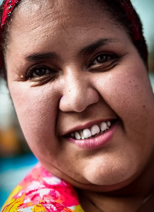 Image similar to close up portrait of a beautiful, chubby, 30-year-old Cuban woman, happy, candid street portrait in the style of Martin Schoeller, award winning, Sony a7R