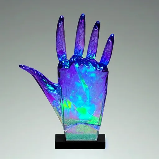 Image similar to “crystal hand sculpture made from iridescent translucent gemstone, 35 mm product photo”