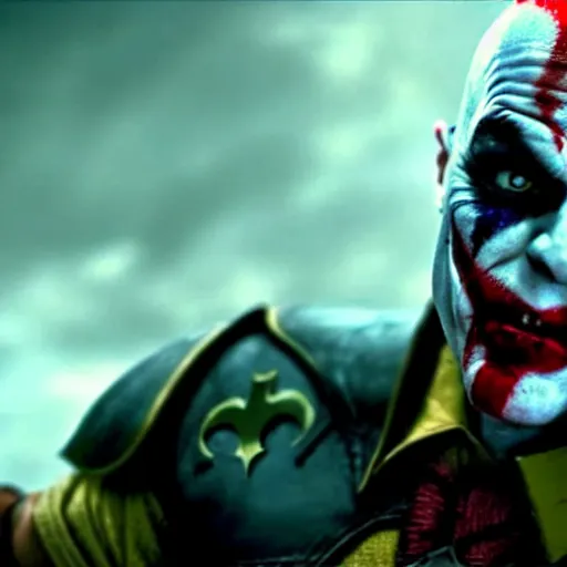 Prompt: film still of kratos as the joker in the new batman movie