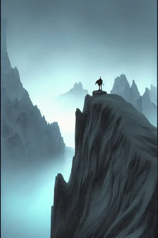 Image similar to emissary gargoyle standing of the edge of a cliff in the italian dolomites in the pouring rain during blue hour by arthur haas and bruce pennington and john schoenherr, cinematic matte painting, zaha hadid building, photo realism, dark moody color palate, blue hour stars, desolate glacial landscape,