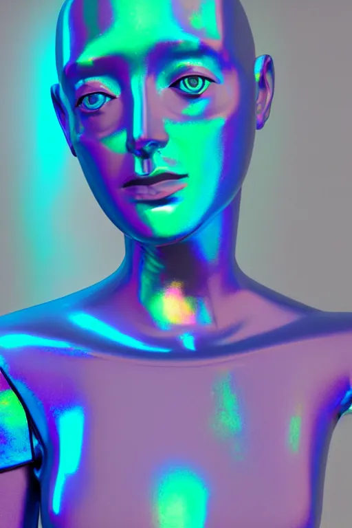 Image similar to 3d render of holographic human robotic bust made of glossy iridescent, bust, surrealistic 3d illustration of a human non-binary, non binary model, 3d model human, cryengine, made of holographic texture, holographic material, holographic rainbow, concept of cyborg and artificial intelligence