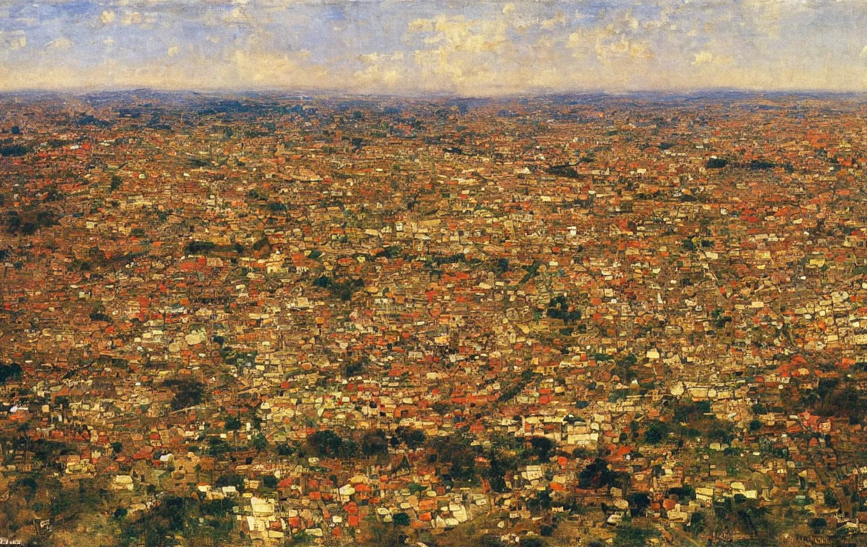 Prompt: city of abeokuta in nigeria from above, surrounded by walls, 1885, bright colors oil on canvas, by Ilya Repin