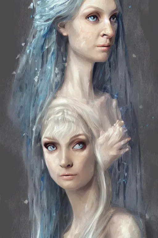 Prompt: portrait, headshot, digital painting, of elven queen Galadriel, beautiful, tall, white dress, fair curly hair, blue eyes, realistic, hyperdetailed, chiaroscuro, concept art, art by allan Ramsay