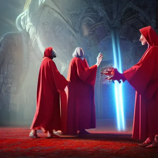 Prompt: octane render by mort kunstler and annie leibovitz and angus mckie, a line of people in colorful tunics receiving holy communion from a monstrous alien creature in a red cardinal robe, 4 d, 4 k, volumetric lighting, ray traced lighting, ultra - detailed