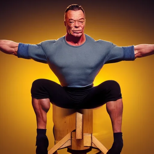 Image similar to cinematic still, Jean Claude Vandamme doing the splits, doing the spilts with his legs going pointing two separate directions, between two chairs over a toilet, golden hour, smiling, award winning, trending on artstation