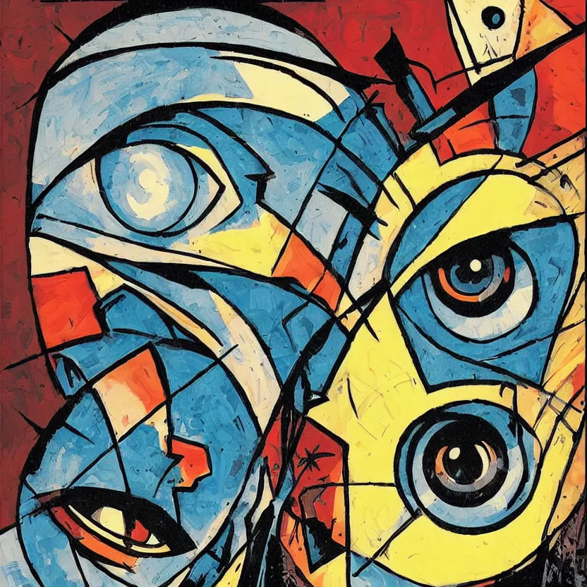 Prompt: giant evil eye charm, comic book cover art inspired by tim doyle, cubism