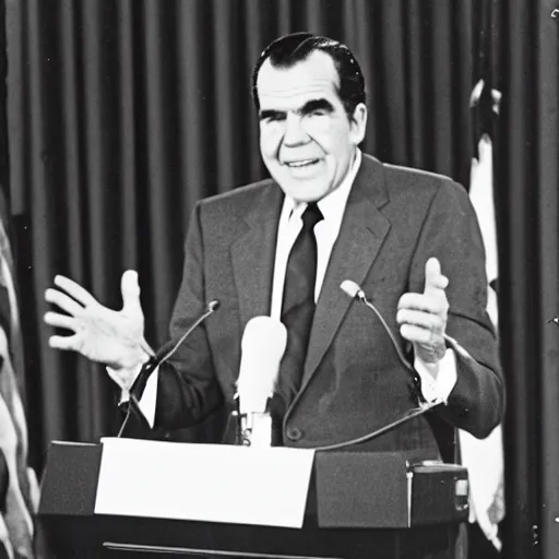 Prompt: President Richard Nixon addresses the National Youth Leadership Conference. CineStill