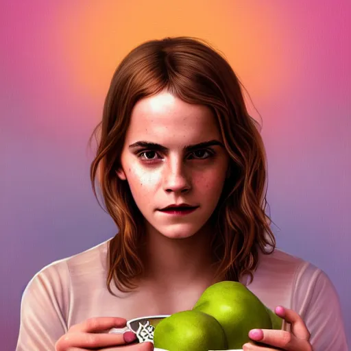 Prompt: a portrait of Emma Watson roaring loudly, with tears in her eyes, at a bowl of innocent fruit, emotional, backlit, strong rim light, highly detailed, digital painting, HDRI, by Casey Weldon, vivid colors, high contrast, intricate