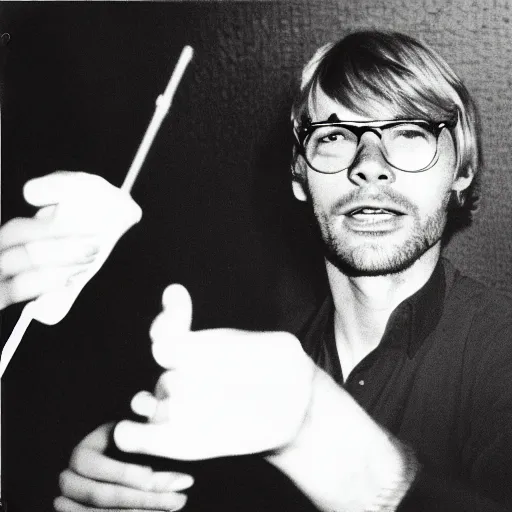 Image similar to jeffrey dahmer in a nightclub with glowsticks, late 7 0 s polaroid photo