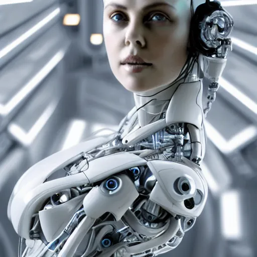 Image similar to beautiful centered Fine art photo portrait of enraptured young Charlize Theron as a solarpunk robotic humanoid, white mechanical parts with led lights, photorealistic, white background, highly detailed and intricate, sunset lighting, HDR 8k