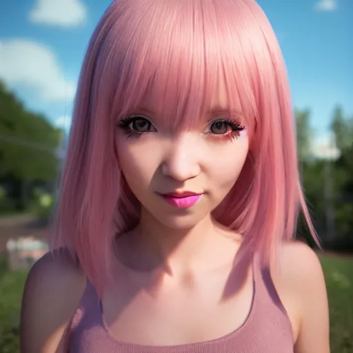 Image similar to A portrait of Nikki from Shining Nikki and Love, a cute 3d cgi toon young woman with long light pink hair, full bangs, hazel eyes, full face, light makeup, pale skin, Chinese heritage, cute outfit, medium shot, mid-shot, hyperdetailed, 8k, trending on artstation, as a Pixar character