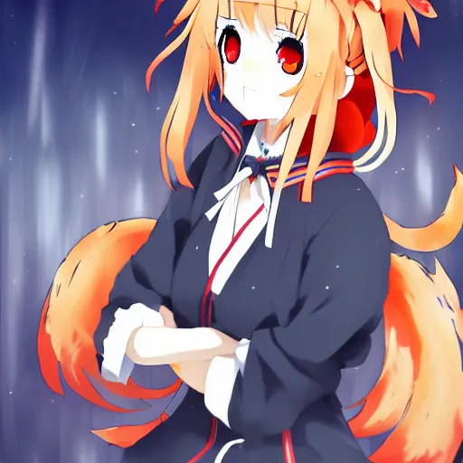 Image similar to senko-san very very beautiful anime kitsune fox girl drinks beer trending on pixiv orange hair orange tail miko