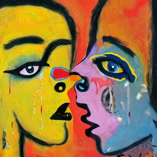 Prompt: beautiful painting of two bizarre psychedelic goth women kissing each other closeup in a cafe in japan, speculative evolution, mixed media collage by basquiat and jackson pollock, magazine collage art, sapphic art, lesbian art