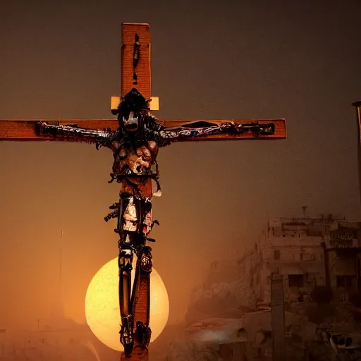 Prompt: 8k octane render cinematic shot of a tormented steampunk robot crucified at dusk in ancient jerusalem