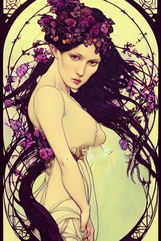 Image similar to full length portrait of a beautiful mysterious fairy with flowery headgear, no hands, by eve ventrue, michael carson, andreas rochas, john watkiss, casey weldon, artgerm. art nouveau. tarot card by mucha. gloomhaven. swirly intricate linework background. gaudy colors, sharp edges. octane render