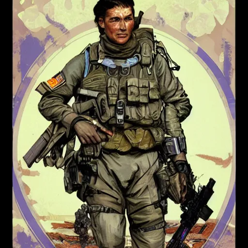 Image similar to Hector. USN special forces recon operator on patrol Australian neutral zone. 2087. Concept art by James Gurney and Alphonso Mucha