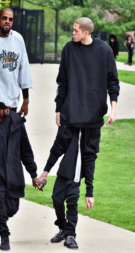 Image similar to pete davidson and kanye west holding hands at a sunset zoo park