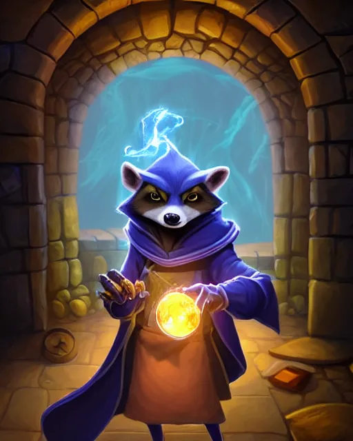 Image similar to 3 d model, highly detailed digital illustration portrait of hooded sorcerer sly cooper raccoon casting a magical glowing spell in a castle, action pose, d & d, magic the gathering, by rhads, lois van baarle, jean - baptiste monge,