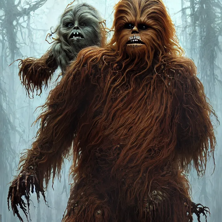 Image similar to scary horrific zombie chewbacca and rotting wookies, dark star wars fantasy, body horror, sores and scars, undead. highly detailed, biopunk, digital painting, by greg rutkowski, artgerm, giger and alphonse mucha