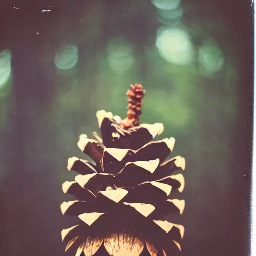 Prompt: polaroid photo of pine cone with human legs, bokeh