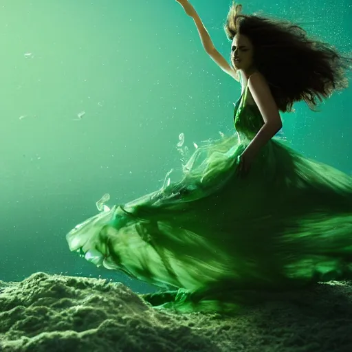 Prompt: manshaped swirling smoke beside woman dancing underwater wearing a flowing green dress made of seaweed, fast - moving school of tiny silver fish in the distant background, octane render, caustics lighting from sunlight above, cinematic