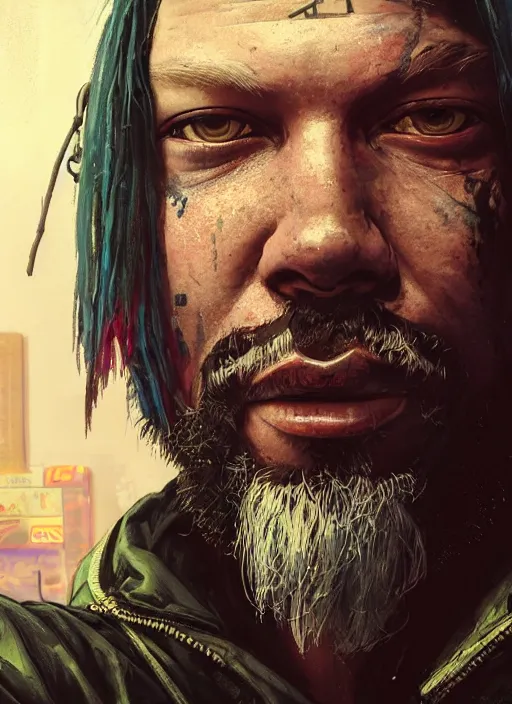 Prompt: portrait of Ivan moody as a homeless character in Cyberpunk 2077, looking at camera, intricate, dystopian, sci-fi, extremely detailed, digital painting, artstation, concept art, smooth, sharp focus, illustration, intimidating lighting, incredible art by artgerm and greg rutkowski and alphonse mucha and simon stalenhag