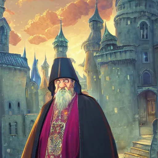 Image similar to portrait of an elderly orthodox patriarch with dark hair, fantasy style clothing, castle interior background, rich vivid colors, ambient lighting, dynamic lighting, 4k, official media, anime key visual, makoto shinkai, ilya kuvshinov, lois van baarle, rossdraws, detailed, trending on artstation