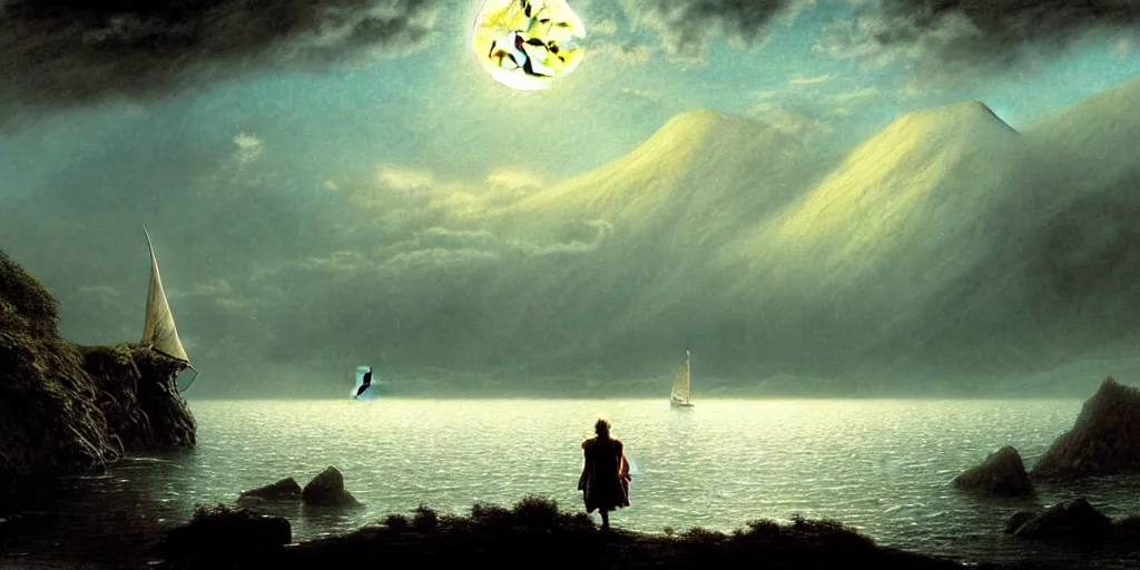 Prompt: a hobbit out at a lord of the rings scenery landscape, staring across the sea from the shore at a white timber sail boat leaving harbour, evening, highly detailed, vivid colour, soft clouds, full moon low in sky, cinematic lighting, perfect composition, gustave dore, derek zabrocki, greg rutkowski, belsinski