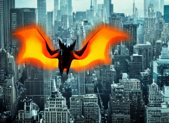 Prompt: charizard flying above new york, film still in the new batman movie, 4 k