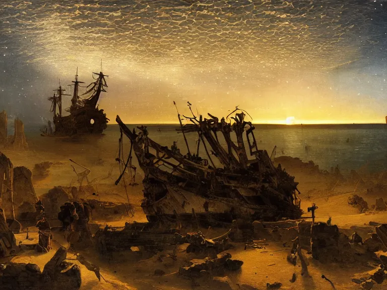 Image similar to an oil painting of an ancient shipwreck in the middle of an alien desert at dusk, aurora and stars light up the sky by carl spitzweg and tuomas korpi. baroque elements, full-length view. baroque element. intricate artwork by caravaggio. Trending on artstation. 8k