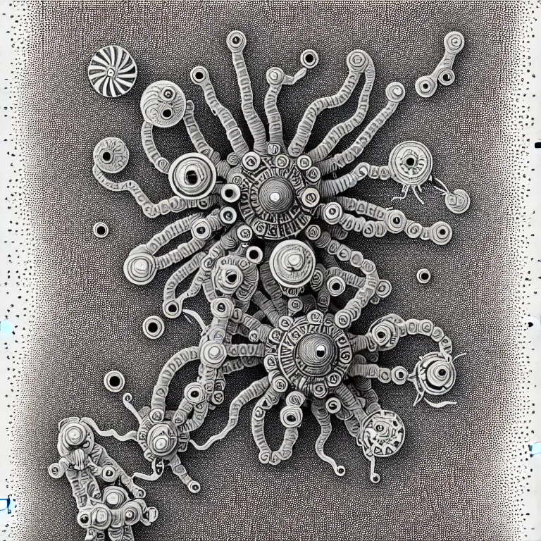 Prompt: a black and white drawing of a variety of sea life and filled with gundam mech equipment space station, a microscopic photo by ernst haeckel, zbrush central, kinetic pointillism, intricate patterns, photoillustration