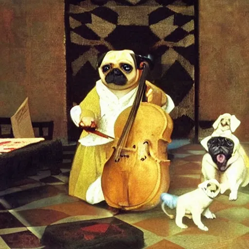 Image similar to painting of a Pug leading an orchestra. By Johannes Vermeer.