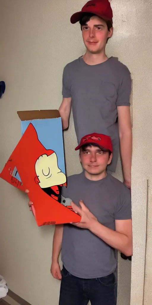 Image similar to a pizza delivery boy resembling Philip J. Fry standing in the doorway holding a pizza box, eerie lighting coming from behind, late at night, fireflies