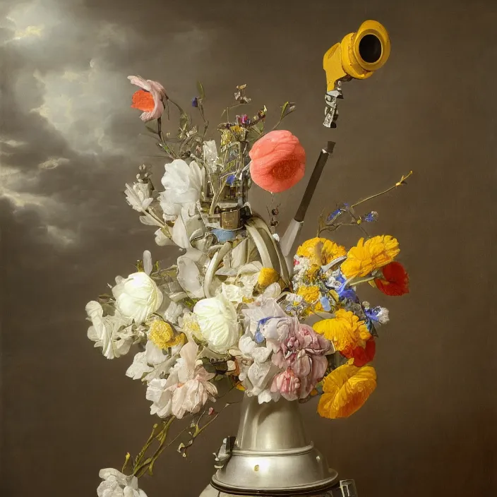 Prompt: still life painting of a beautiful bouquet of flowers coming out of a bipedal robot head by pieter claesz, oil on canvas, strong lighting, highly detailed, hyper realism, golden hour, god rays, hd, 4 k