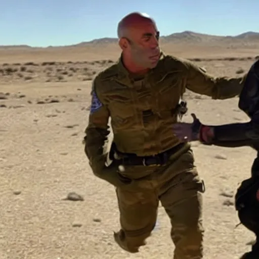 Prompt: joe rogan heroically saving an alien from area 5 1 while being chased by the cia protecting his rights