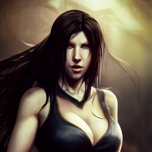 Image similar to charismatic seductive tifa lockhart portrait, atmospheric lighting, painted, intricate, volumetric lighting, beautiful, golden hour, sharp focus, ultra detailed, by leesha hannigan, ross tran, thierry doizon, kai carpenter, ignacio fernandez rios