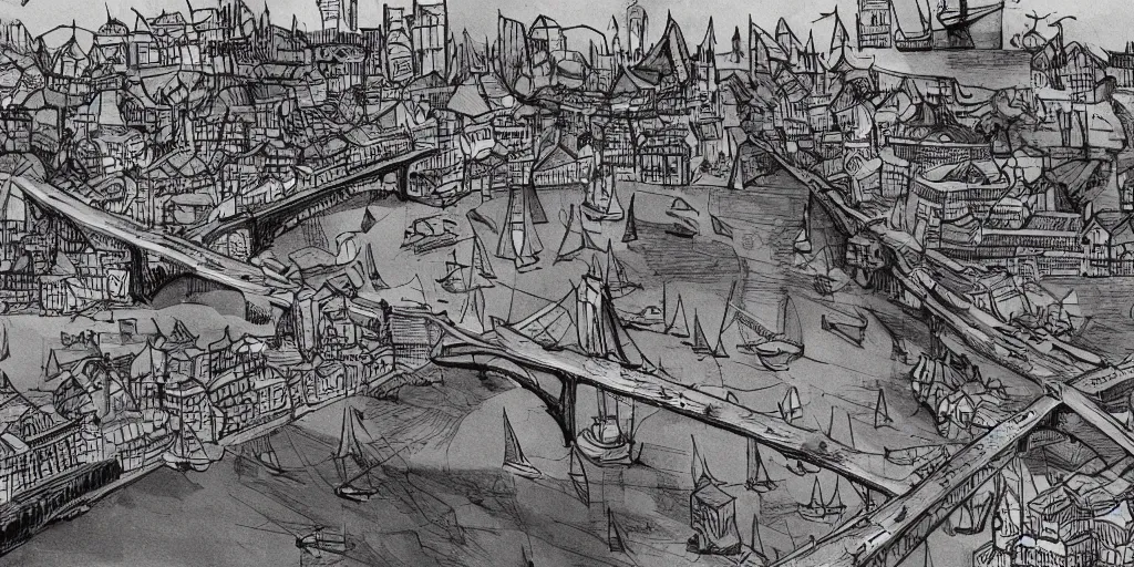 Prompt: Illustration, huge ancient fantasy city on a bridge, bridge city, tall bridge with city on top, house's and shops and buildings, a huge bazaar, lots of clearance for big ships with sails to go under the bridge, port areas to load and unload goods, cross between great wall of China and London bridge