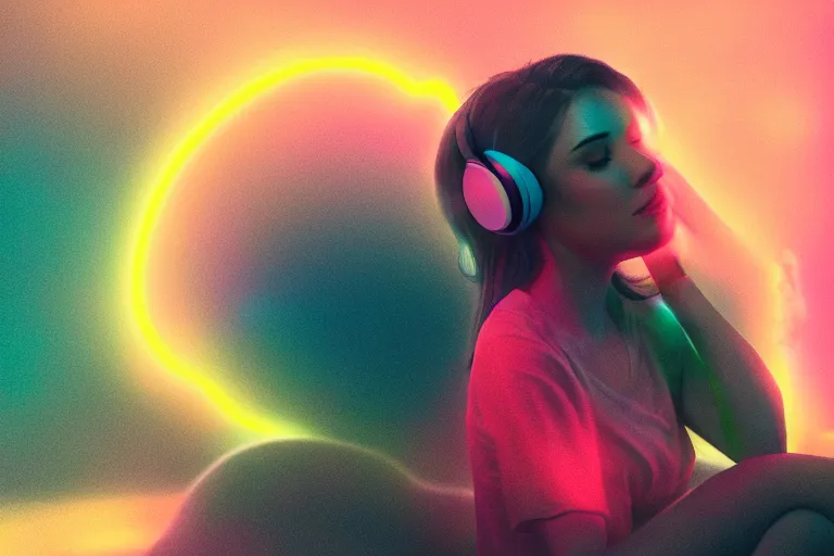 Image similar to a cute girl wearing headphones sitting on a cloud relaxing, misty, glows, digital art, hazy, foggy, ambient lighting, 8 k, neon, synthwave,