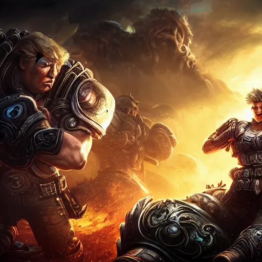 Image similar to Portrait of Trump, League of Legends amazing splashscreen artwork, Gears of War, splash art,natural light, elegant, photorealistic facial features, intricate, fantasy, detailed face, atmospheric lighting, anamorphic lens flare, cinematic lighting, league of legends splash art, hd wallpaper, ultra high details by Greg rutkowski