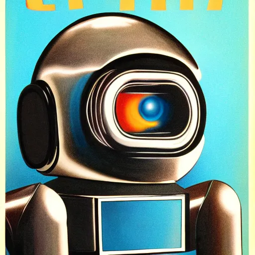 Image similar to airbrush illustration for omni magazine of a chrome robot head, sliver blue and brown colors, illustration, airbrush, magazine cover, vivid, retro, grainy, masterpiece, glow