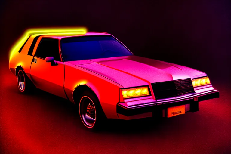 Prompt: stylized poster of a single 1 9 8 6 buick grand national, thick neon lights, ektachrome photograph, volumetric lighting, f 8 aperture, cinematic eastman 5 3 8 4 film